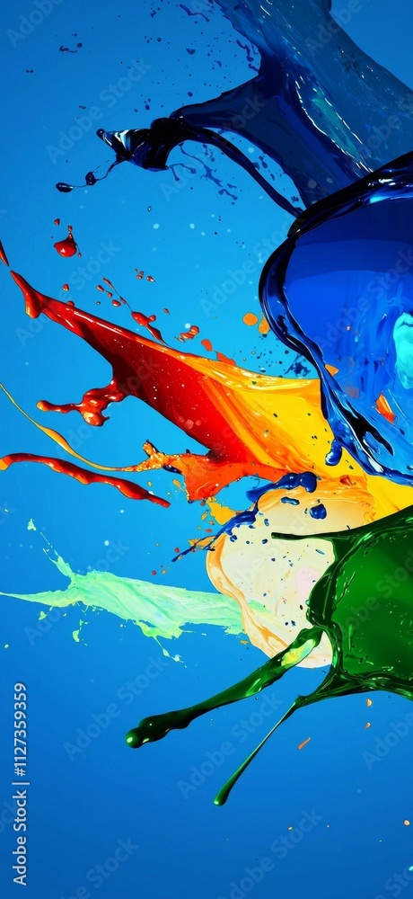Poster dynamic paint splashes in an array of colors burst against a vibrant blue backdrop, generating an en