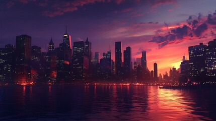 Fototapeta premium A vibrant city skyline at sunset reflecting over water, showcasing urban beauty and tranquility.