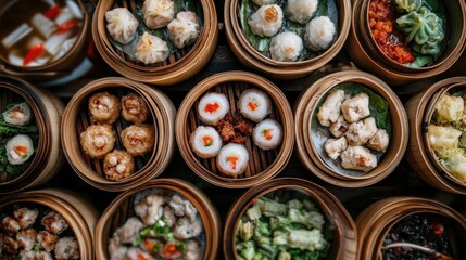 A vibrant assortment of dim sum dishes served in bamboo steamers.