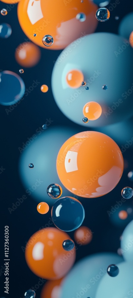 Poster abstract 3d render of glossy orange and blue spheres floating in a dark space with smaller transpare