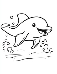 Obraz premium Playful Dolphin Coloring Page: A charming cartoon dolphin leaps through the water, creating a splash of bubbles for a delightful coloring page.