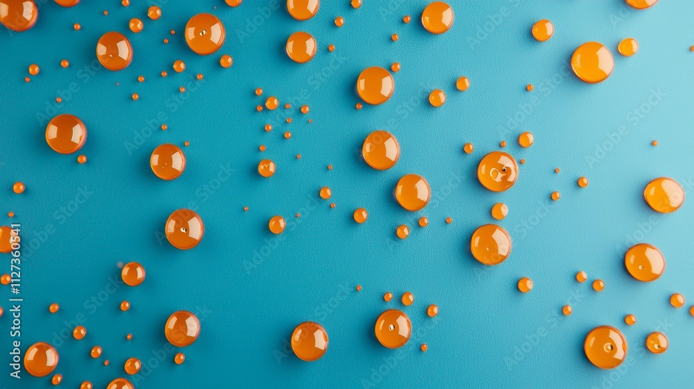 Poster orange viscous liquid drops of different sizes are creating an abstract pattern on a textured blue b