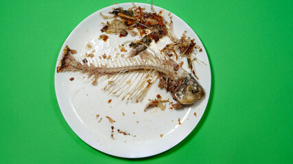 Fish Bones on The White Plate and Green Background. The Food Waste. Remains of Fried Fish. Fishbone and Leftover Meat of Crucian Carp After Eat