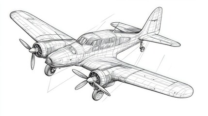 Detailed line drawing of a vintage airplane.