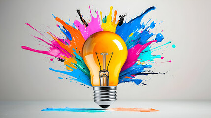 A light bulb surrounded by vibrant colorful paint splashes, symbolizing creativity and innovation.