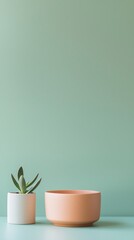 Small succulent plant in a white pot next to an empty peach bowl sitting on a shelf against a light teal background creates a minimalist and stylish interior design setting