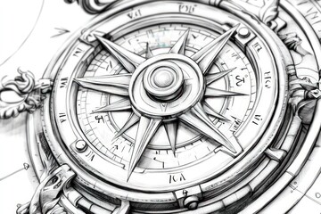 Obraz premium Intricate compass rose, detailed pencil sketch.