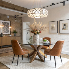 Chic Dining Area with Glass Table, Leather Chairs, Rustic Decor, and Modern Geometric Lighting