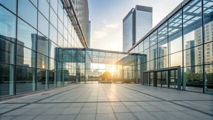Sunset Cityscape Glass Facade, Modern Architecture, Urban Plaza, Wide Angle Composition Modern Architecture, Cityscape