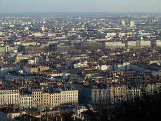 Fototapeta premium Aerial wide angle view of city of Lyon - Rhone-Alpes - France