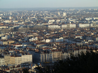 Aerial wide angle view of city of Lyon - Rhone-Alpes - France