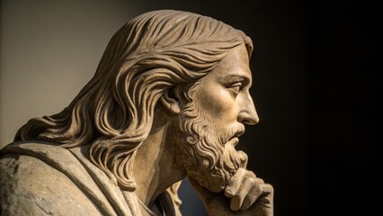 Stone Carving Profile of Jesus, Contemplative Pose, Chiaroscuro Lighting, Religious Art, Sculpture Religious Sculpture, Christ Statue