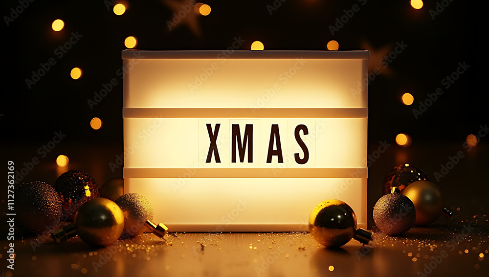 Aufkleber xmas celebration concepts feature a lightbox with golden ornaments and text on a dark background for