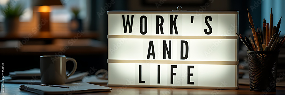 Poster work and life concepts are displayed on a light box in a cluttered home office, promoting positive e