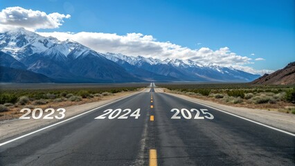 Road to 2025 Asphalt Highway, Snowy Mountains, Future Concept, New Year New Year, Future Planning