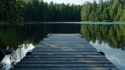 Obraz premium A wooden dock sits on a lake, with the water reflecting the trees and sky