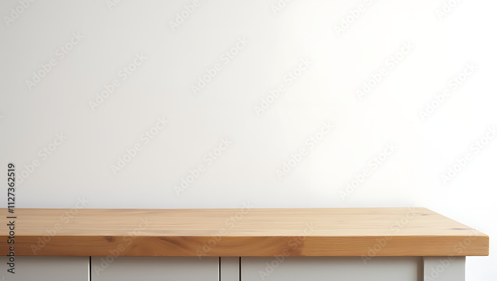 Poster wooden table top with beautiful texture on a minimalist white background in a modern kitchen setting
