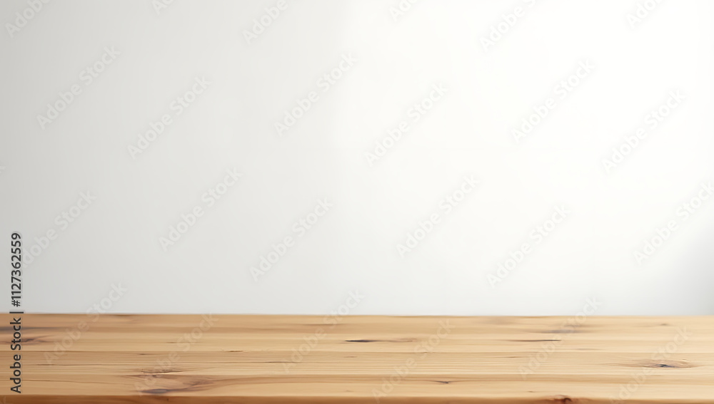 Poster wooden table top with beautiful texture on a minimalist white background in a modern kitchen setting