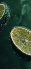 Two slices of lime, covered in small water droplets, are partially submerged in dark green sparkling water, creating a refreshing and vibrant image