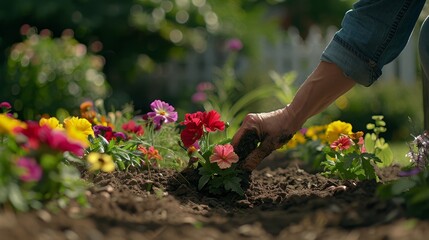 A gardener preparing a hole for colorful flower planting in a lively garden landscape