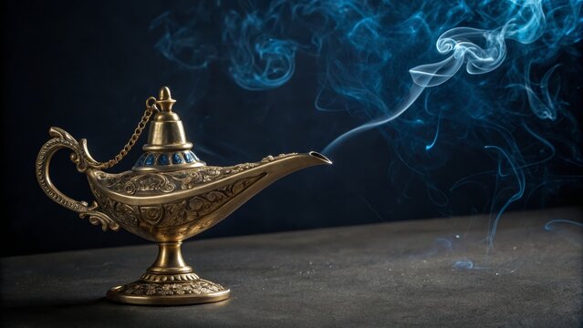 Ornate Brass Genie Lamp with Blue Smoke, Dark Background, Fantasy, Magic, Aladdin Genie Lamp, Wish granting