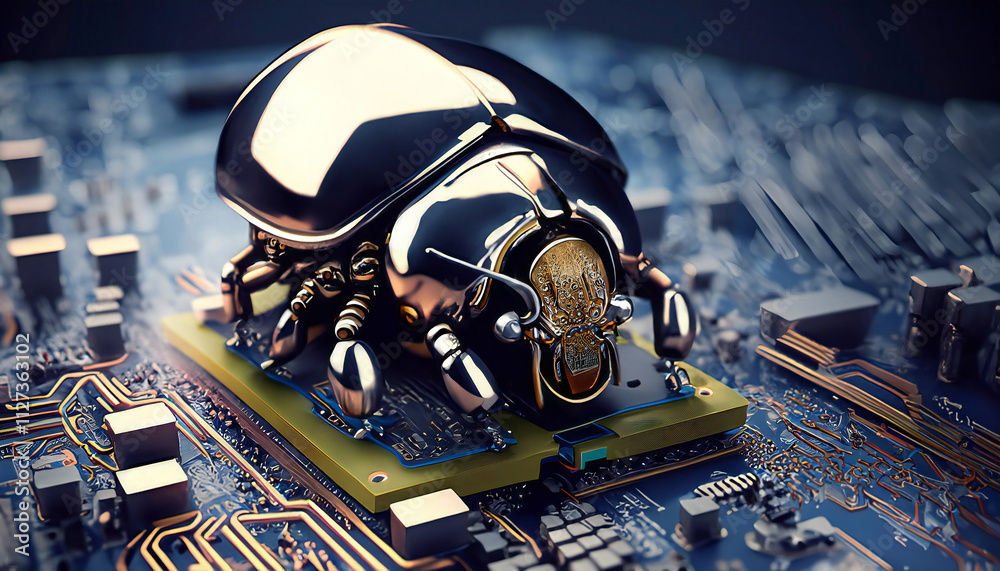 Poster beetle attacks and destroys electronics. concept of computer virus and malicious software code.
