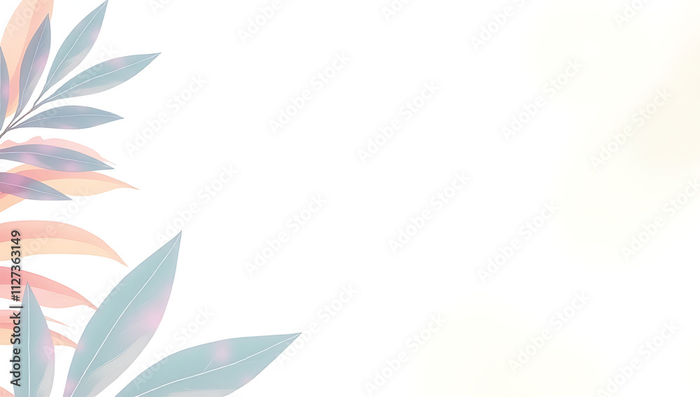 Poster White background features a tropical palm leaf design with pastel colors creating a soft and serene visual effect._00003_