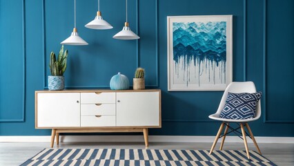 Mid-Century Modern Living Room with Teal Walls, Abstract Mountain Art, Three Pendant Lights, Interior Design, Home Decor Keywords Teal, Mid Century Modern