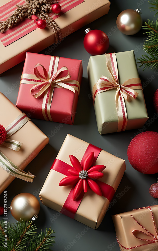 Poster vintage styled christmas gift boxes collection in flat lay layout for mockup template design with co