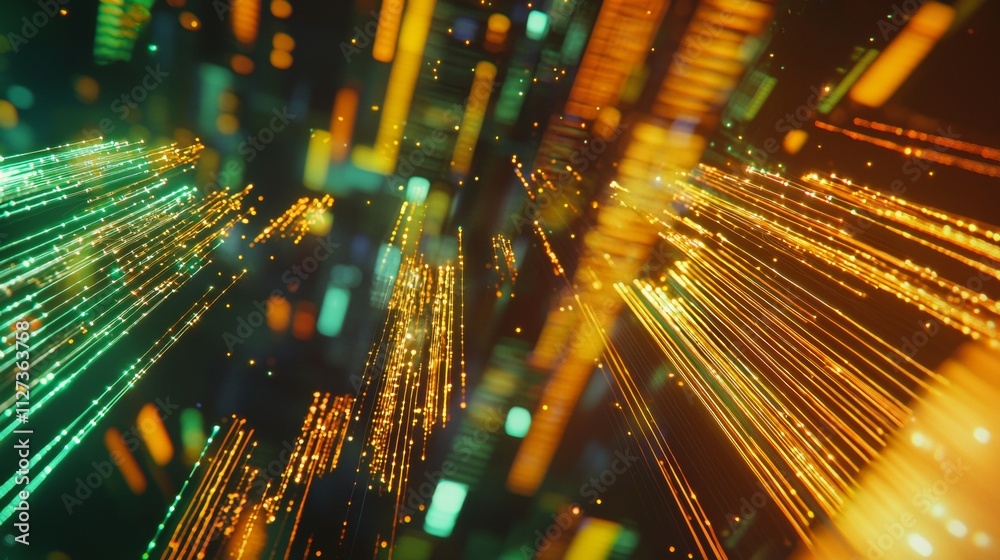 Poster orange and green particles are flowing in cyberspace, creating a dynamic and abstract representation