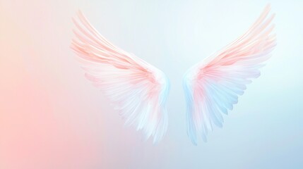 Obraz premium Pair of delicate white angel wings appearing on a soft pastel gradient background, symbolizing freedom, spirituality, purity, and divine presence