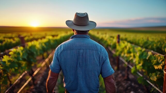 A silhouette of a farmer stands thoughtfully in a vineyard as the sun sets, symbolizing hard work and dedication within the agricultural landscape of rural life. - Powered by Adobe