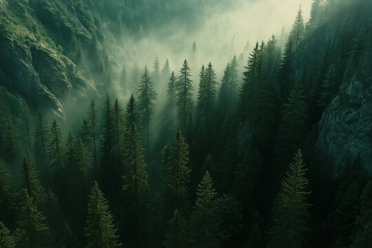 Paesaggio del bosco in montagna d'urante l'autunno con nebbia