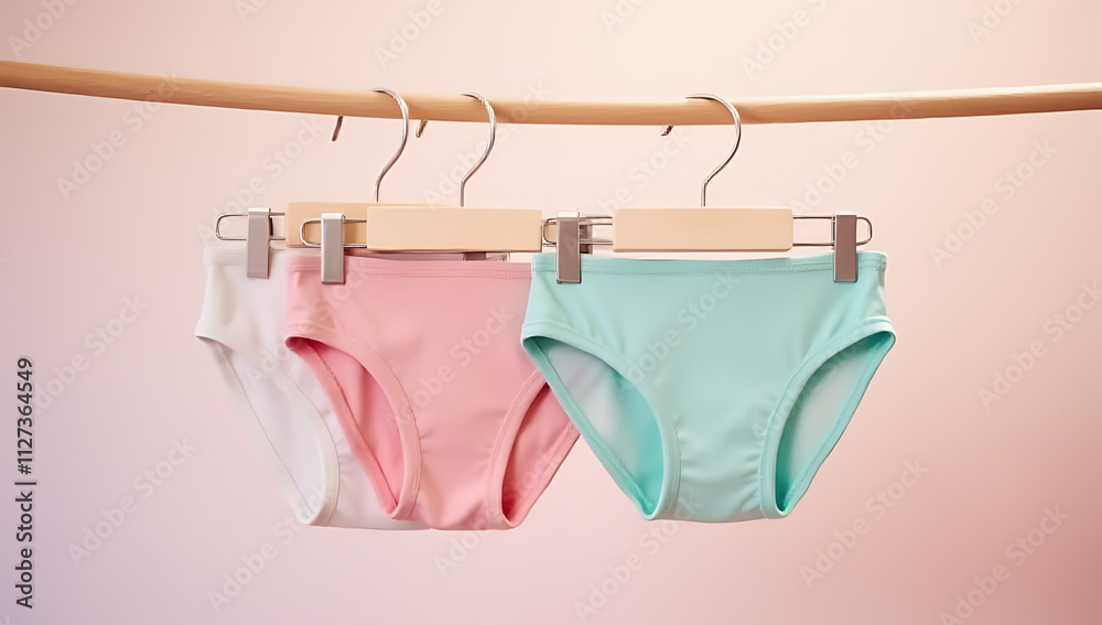 Poster underwear is displayed on hangers against a soft pastel colored background in a context of household