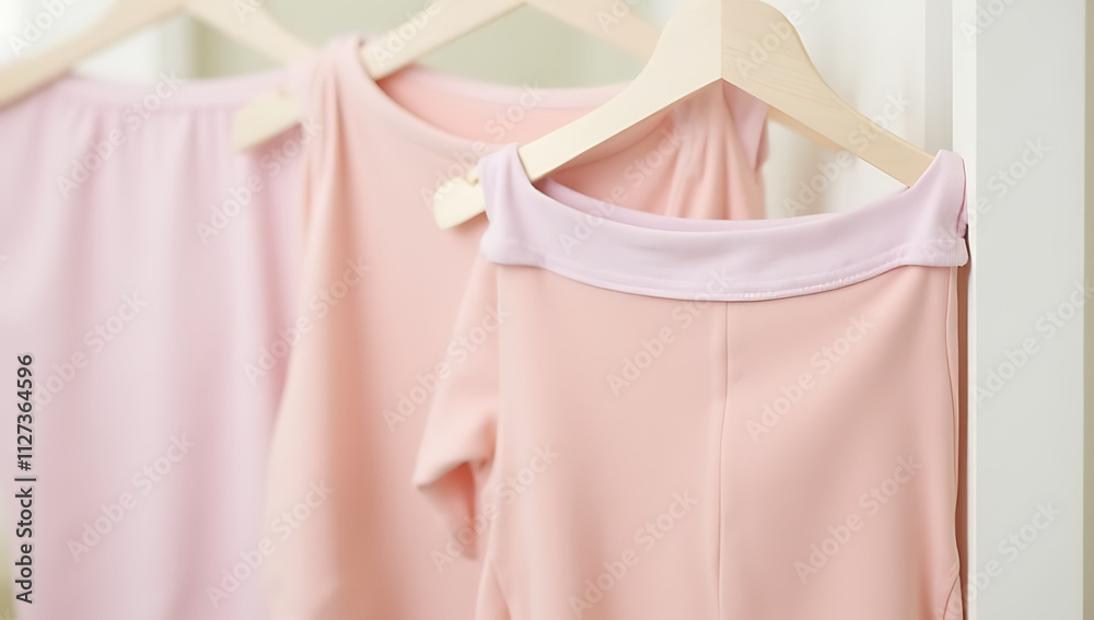 Poster underwear is displayed on hangers against a soft pastel colored background in a context of household