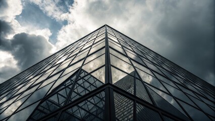 Geometric Glass Facade Reflecting Clouds, Low Angle Composition, Architectural Photography, Skyscraper Reflection Architecture, Cityscape