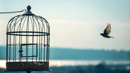 Empty Birdcage, Flying Bird Freedom Concept, Landscape Photography, Silhouette, Teal Background Keywords freedom, bird