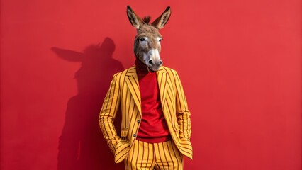 Donkey in Yellow Striped Suit Red Background Portrait, Surreal Fashion, Animal Head Swap Surrealism, Photography