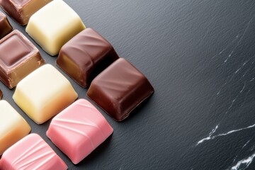 Artisan crafted chocolate pieces arranged on a black marble surface showcasing various flavors and textures