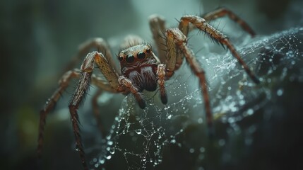 Fototapeta premium Close-up of a spider on its web with dew drops.
