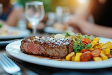 A plate of food with a steak and vegetables on it