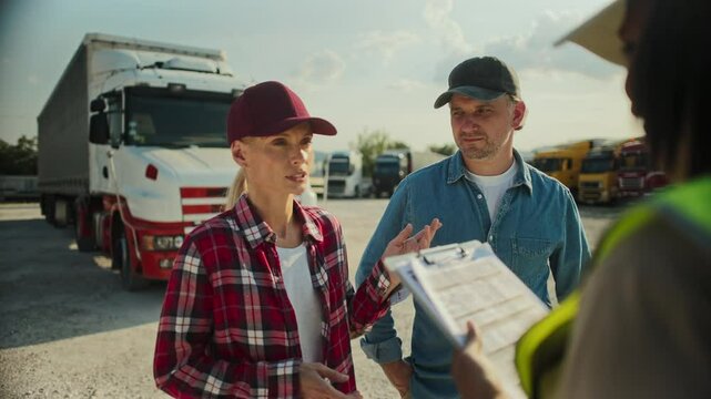 Cute couple working as truck drivers in field of transportation or logistics. Talking with main manager on parking lot. Listening to new directions for next trip. Person holding notepad.