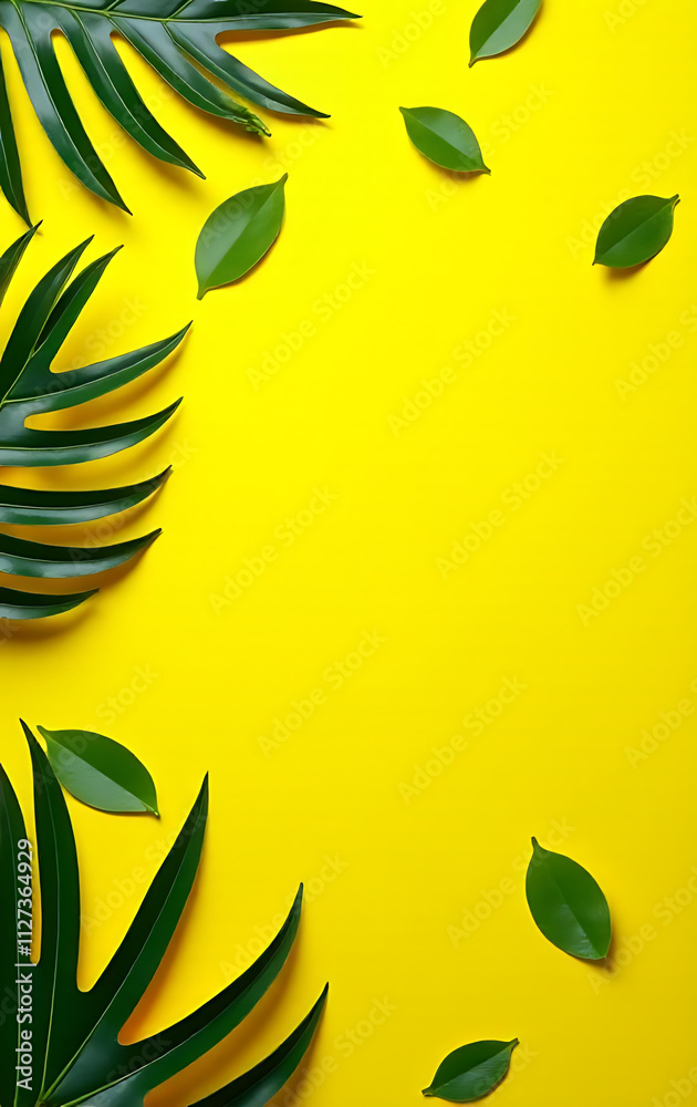 Aufkleber tropical leaves scatter across a bright yellow tabletop, creating a unique workspace design and flat