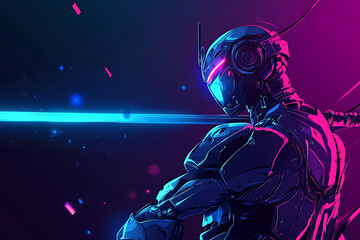 Naklejka premium A futuristic robotic figure with neon accents, set against a vibrant gradient background.