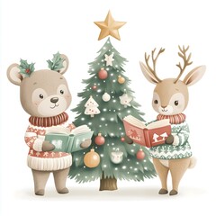 Fototapeta premium A heartwarming scene featuring a bear, rabbit, and deer in cozy sweaters, embodying friendship and winter spirit.