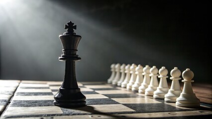 Black King Chess Piece on Dramatic Chessboard, Strategy Game Concept, Low Key Lighting Chess, Strategy