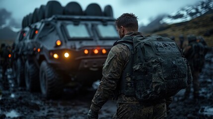 Fototapeta premium This powerful image captures a military operation scene showcasing soldiers and a rugged military vehicle in challenging, muddy terrain, highlighting strength and determination in action.