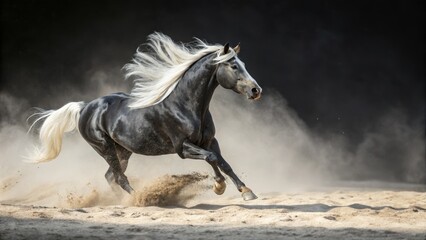 Black Horse with White Mane Running on Sand, Dramatic Lighting, Dynamic Composition, Equestrian Photography Horse Photography, Equine Art