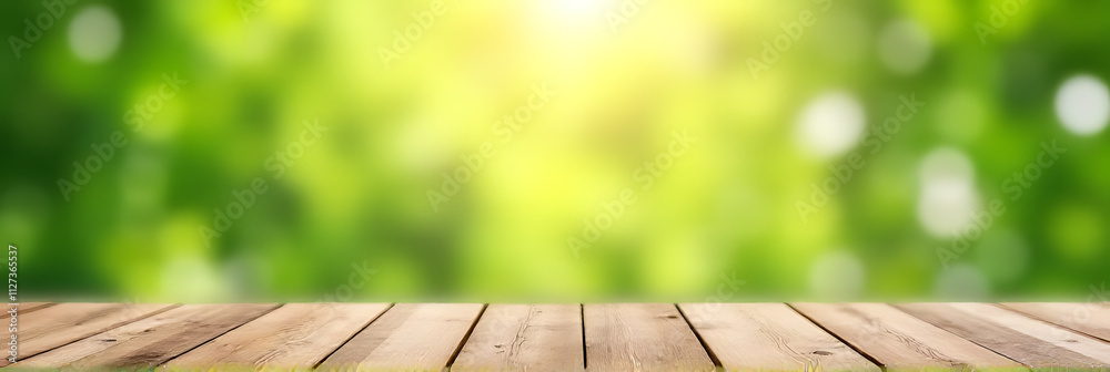 Poster the wooden tabletop is empty except for a blurred image of a vibrant green abstract floral arrangeme