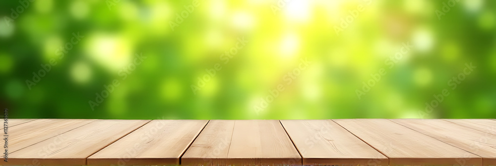 Poster the wooden tabletop is empty except for a blurred image of a vibrant green abstract floral arrangeme